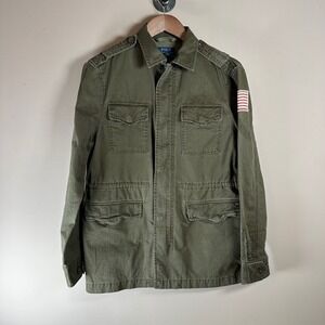 Polo Ralph Lauren Kids Green Cotton Field Jacket American Flag Patch L/G
